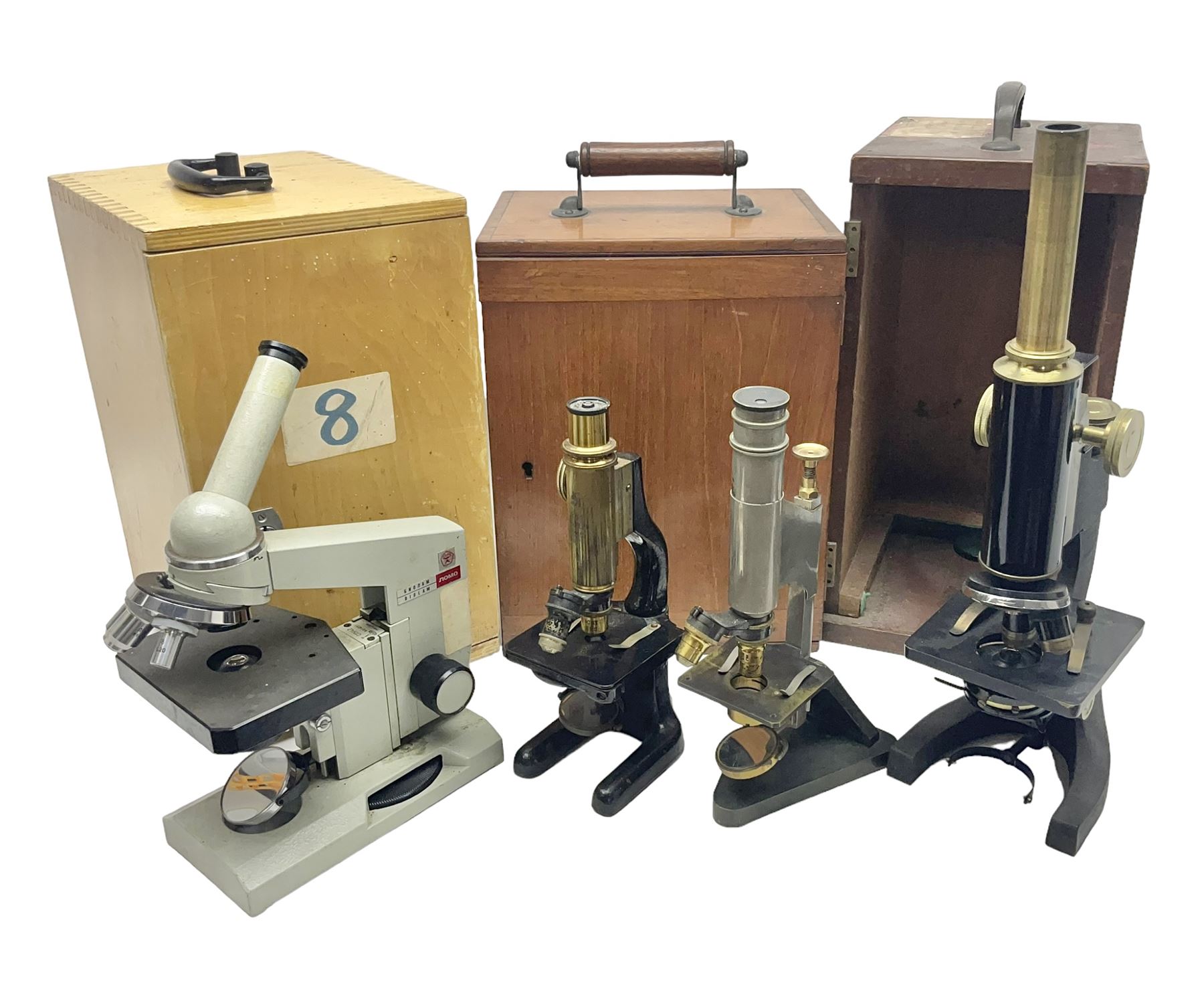 Four microscopes, comprising Nomo Biolam, RCS Zoo Lab 240, R Beck no 13756 and one other