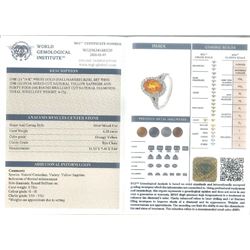 18ct white gold yellow sapphire and diamond ring, single oval cut sapphire of approx 4.20 carat, surrounded by round brilliant cut diamonds and split diamond set shoulders, hallmarked, with World Gemological Institute report