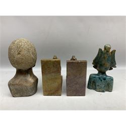 Pair of soapstone figural bookends carved with elephants, African soapstone bust, Buddha bust, Egyptian style etc, tallest H18cm