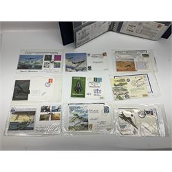 First Day Covers - approx. one hundred flying related and other military FDCs 1970s-2000s, mainly WW2 interest and bearing signatures; British, Channel Islands, Continental, Australia etc; signatures include Vera Lynn, J.H. Lacey, 'Johnnie' Johnson, Barnes Wallis, Bill Reid VC, various other gallantry medal winners, Dam Busters, Battle of Britain, Terence Otway, Leonard Cheshire, Stanford Tuck etc; loose and in a Benham album