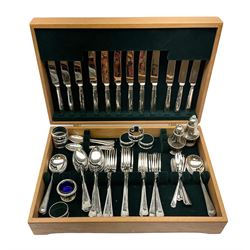K. Bright Ltd cased canteen of silver plated cutlery, stamped K.B EPNS, in oak case, together with silver plated napkin rings etc