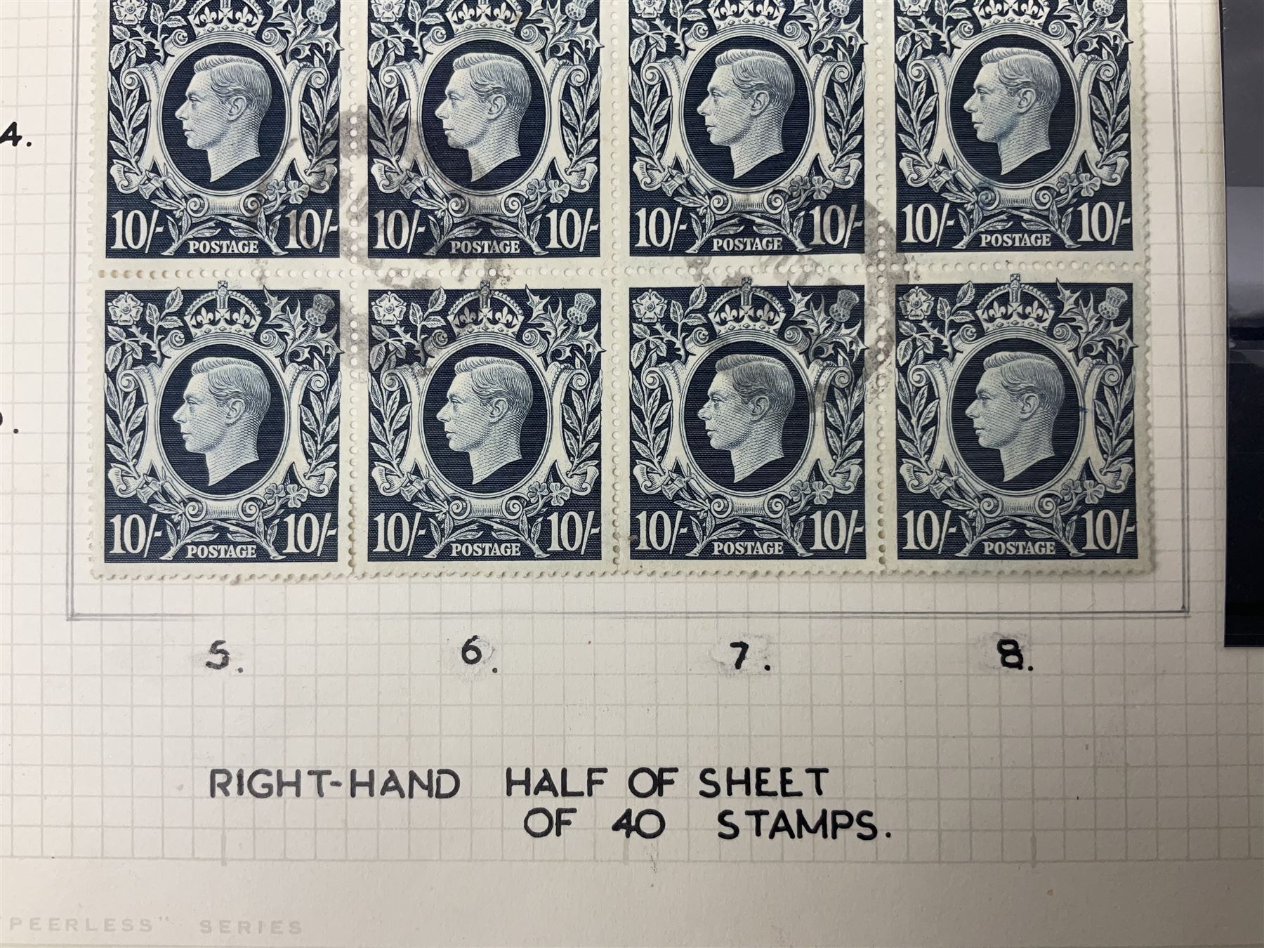 Queen Victoria and later Great British stamps, including five shillings, three pence block of four, block of twenty King George VI used ten shillings dark blue etc