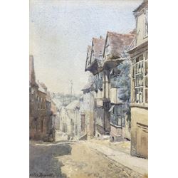 Cecilia Jaquet (British fl.1889-1893): Street Scene, watercolour signed 28cm x 19cm 
Notes: Jaquet was a London landscape painter who exhibited at the Royal Society of British Artists (2), Royal Institute, Society of Women Artists (8), the Grosvener Gallery and in the provinces; she lived in Southwark.