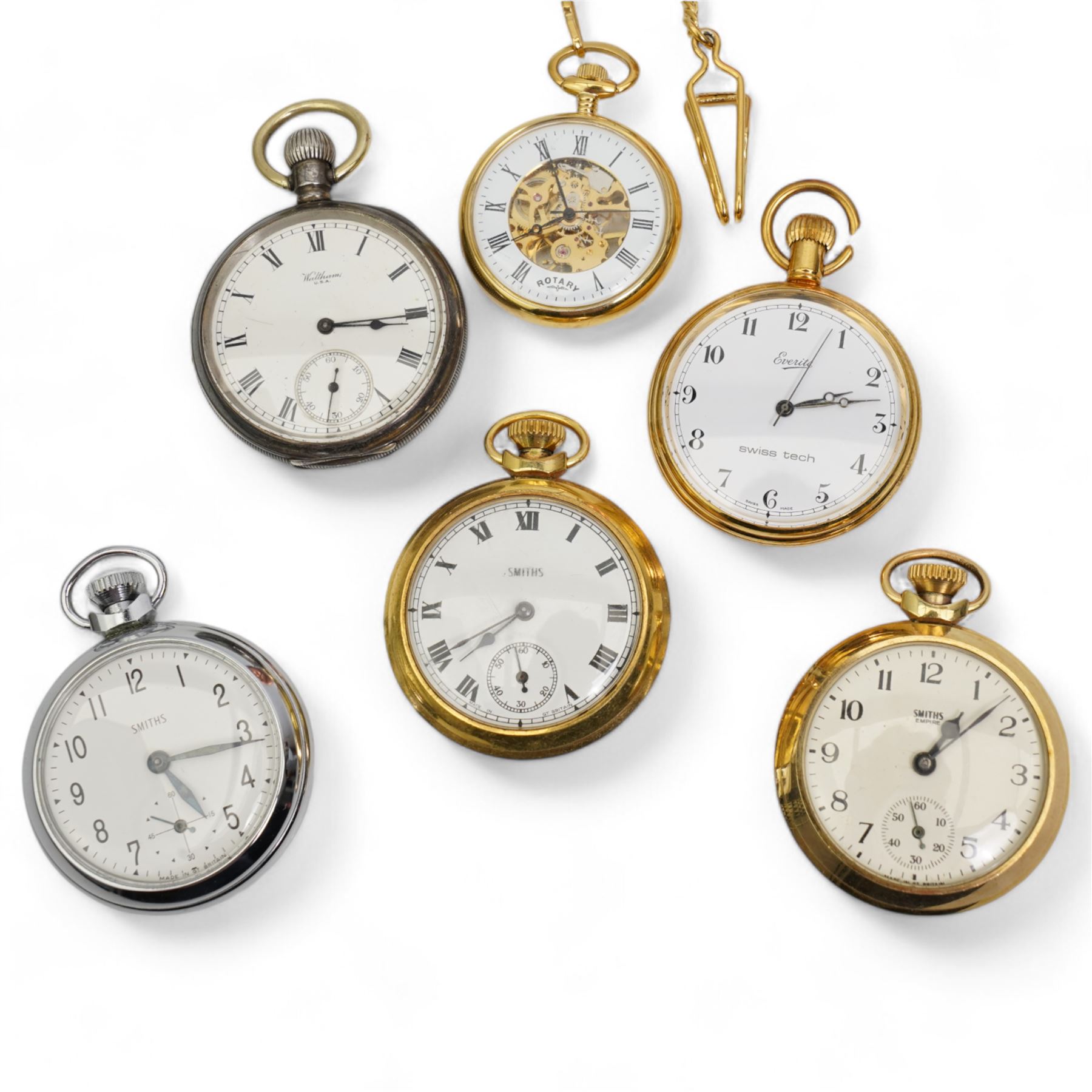 Early 20th century silver keyless lever pocket watch by Waltham, case by Dennison, Birmingham1919, four gilt pocket watches and a nickle pocket watch, Dieu Et mon droit brass plaque and a collection of coins