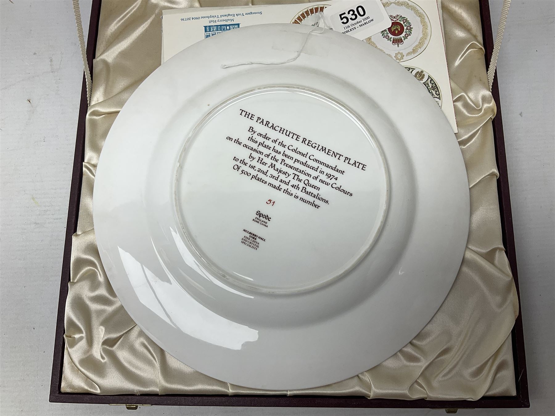 Five Spode Mulberry Hall limited edition Regimental commemorative plates - Parachute Regiment No.51/500; Gloucestershire Regiment No.38/500; Duke of Wellington's Regiment No.285/500; Royal Welch Fusiliers No.40/500; and Green Howards No.213/500; all boxed with certificates (5)