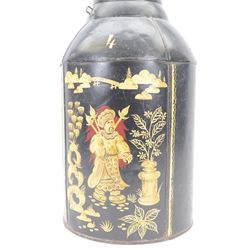 Early 20th century Japanned tole tea cannister lamp, of cylindrical form with tapering top, decorated in gilt with a figure in a garden setting, including fittings H73.5cm