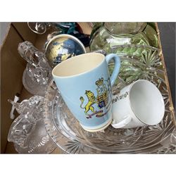 Spelter horse figure group, silver-plated Victorian tea wares engraved with floral decoration, ceramics to include commemorative ware, glassware etc in two boxes