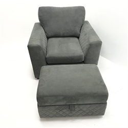  Four seat corner sofa, upholstered in a steel grey fabric (W260cm, D200cm) a matching armchair (W102cm) and footstool (3) - 12 months old  