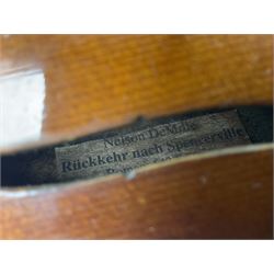 French three-quarter size violin c1920 with 34cm two-piece maple back and ribs and spruce top, bears label 'Nelson DeMille Ruckkehr nach Spencerville Roman. 542 Seiten' L56.5cm; in carrying case