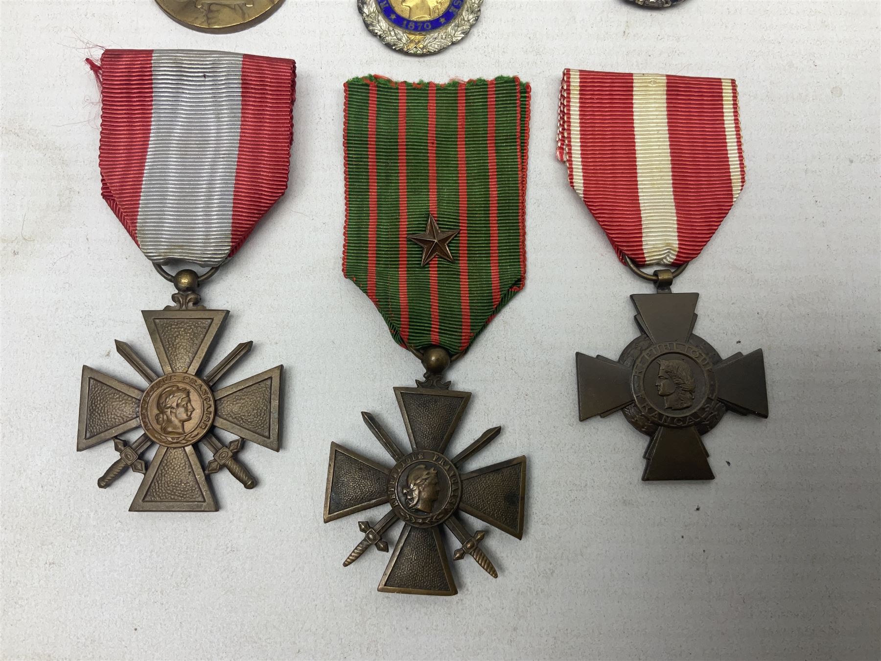 Six French medals - 2nd Empire Louis-Naploeon Medaille Militaire Valeur Et Discipline; 1870 3rd Republic Medaille Militaire Valeur Et Discipline; WW1 Croix-De-Guerre with MID star; WW2 Theatres D'Operations Exterieurs Croix-De-Guerre; WW1 Commemorative Medal; and Croix De La Valeur Militaire; all with ribbons (6)