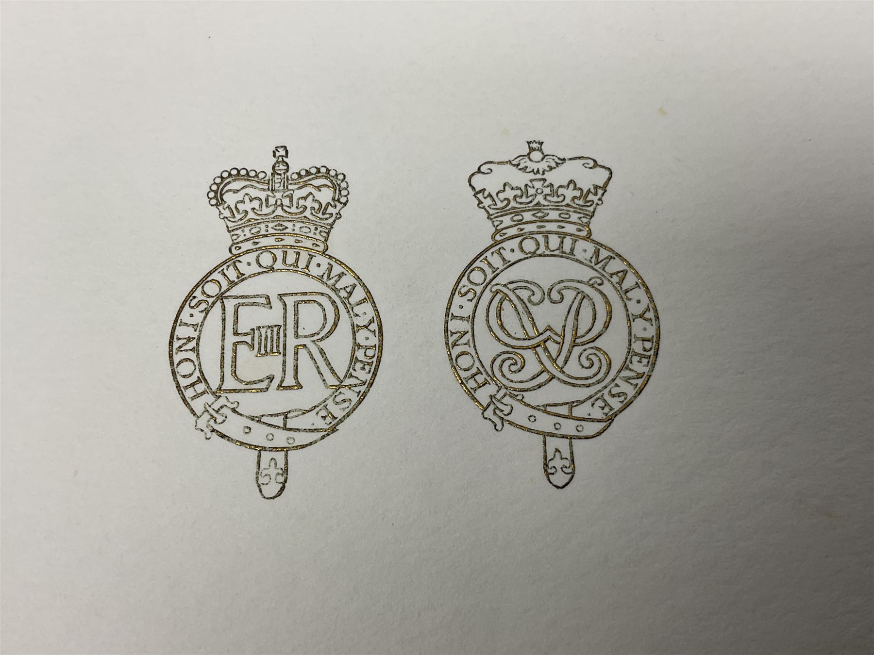 HM Queen Elizabeth II and HRH the Duke of Edinburgh, 1967 Christmas card with two gilt cyphers to front, tipped-in colour print of the Royal Family standing under an archway in Buckingham Palace, signed Elizabeth R and Philip with manuscript date 1967 below