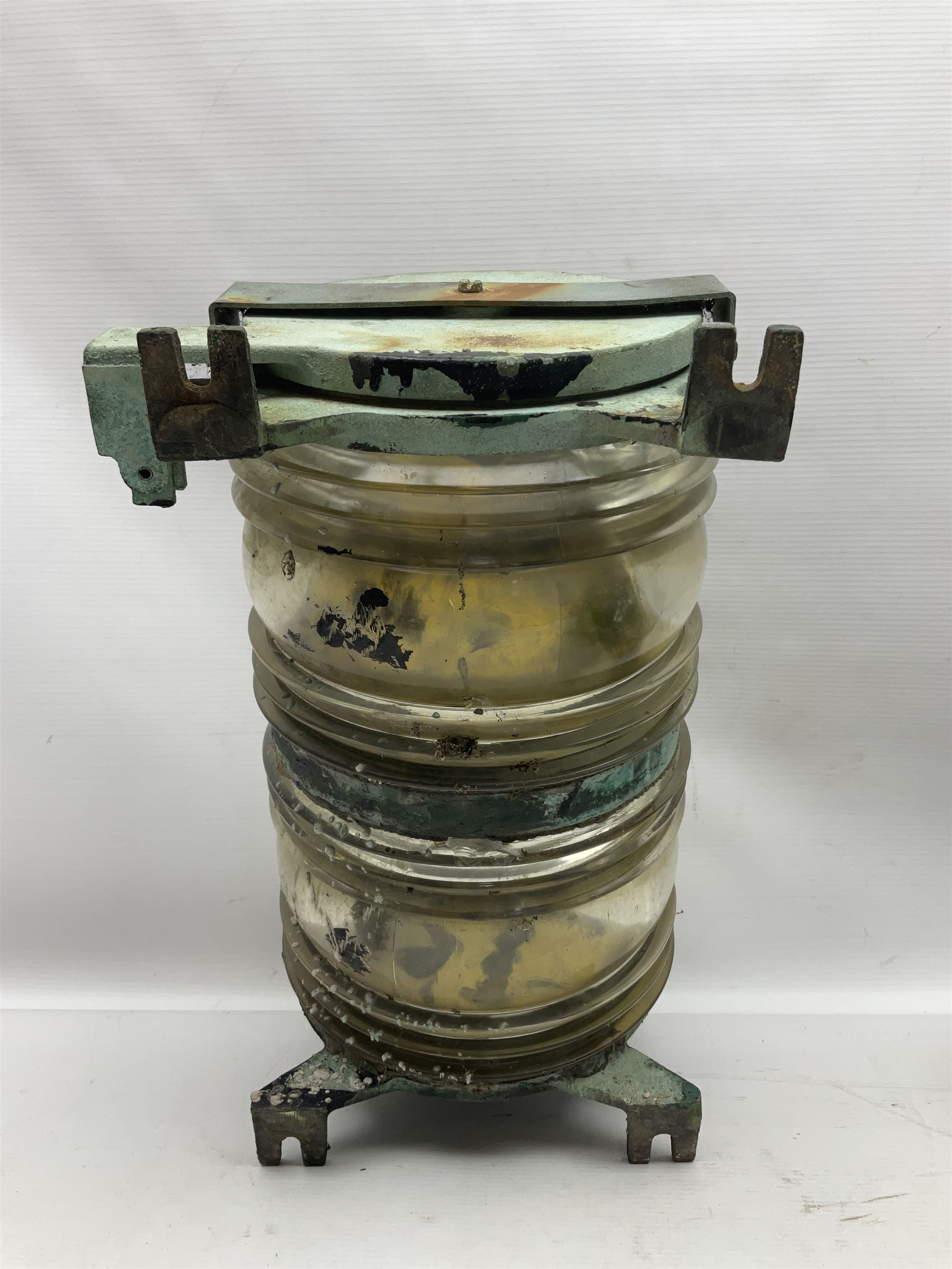 Two port and starboard brass lamps, each with a plaque marked 'Noack as Lanterne KL.A Serie 700 Type 704D Babord', ribbed green and red glass shades, H44cm