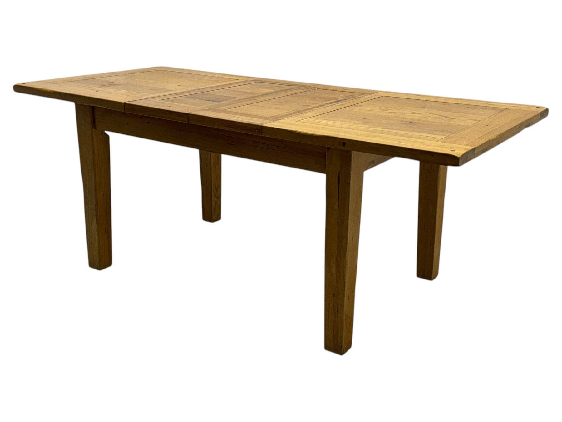 Solid oak extendable dining table and set of four matching chairs, two leaf inserts, with breadboard ends on tapered square supports (Extended length 205cm)
