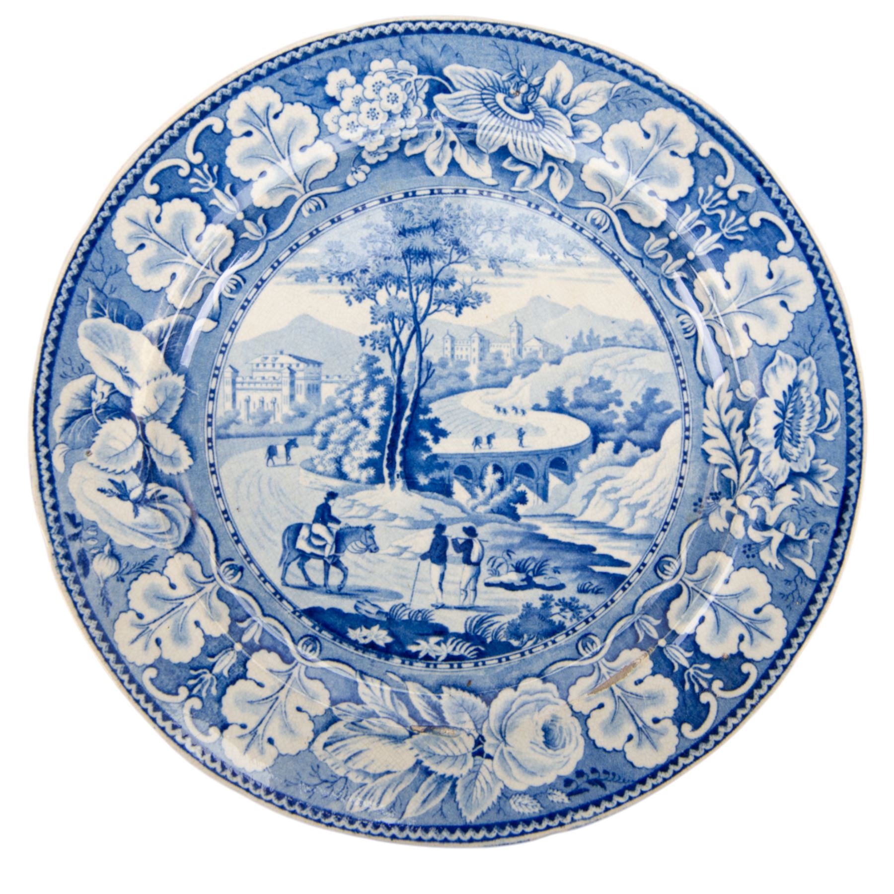 Eight 19th century transfer printed Italian Scenery pattern dinner plates, attributed to Leeds Pottery, with printed Italian Scenery mark beneath, D26cm