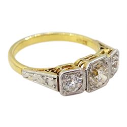 Early 20th century gold square milgrain set three stone old cut diamond ring, stamped 18ct, principal diamond approx 0.50 carat, total diamond weight approx 0.75 carat