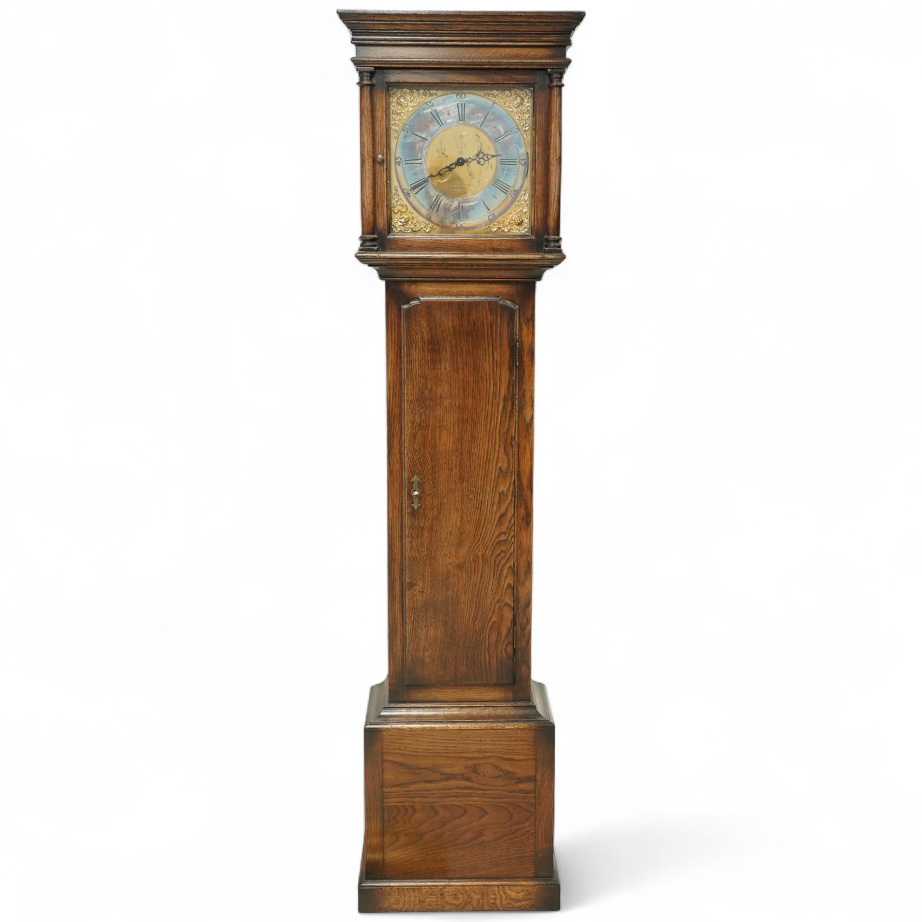 20th-century-oak cased  8-day longcase clock, in an 18th century provincial style case, square brass dial with an engraved centre, cast spandrels, steel hands and silvered chapter ring, dial engraved 