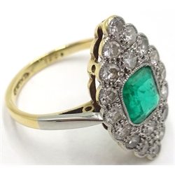  Early 20th century gold emerald and diamond ring, marquise setting, 18ct.Pt  