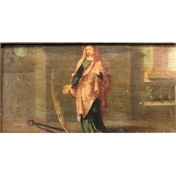 Italian School (18th century): Classical Terrace scenes with Figures emblematic of the Arts , set of four oils on oak panels unsigned 11cm x 24cm (4) 