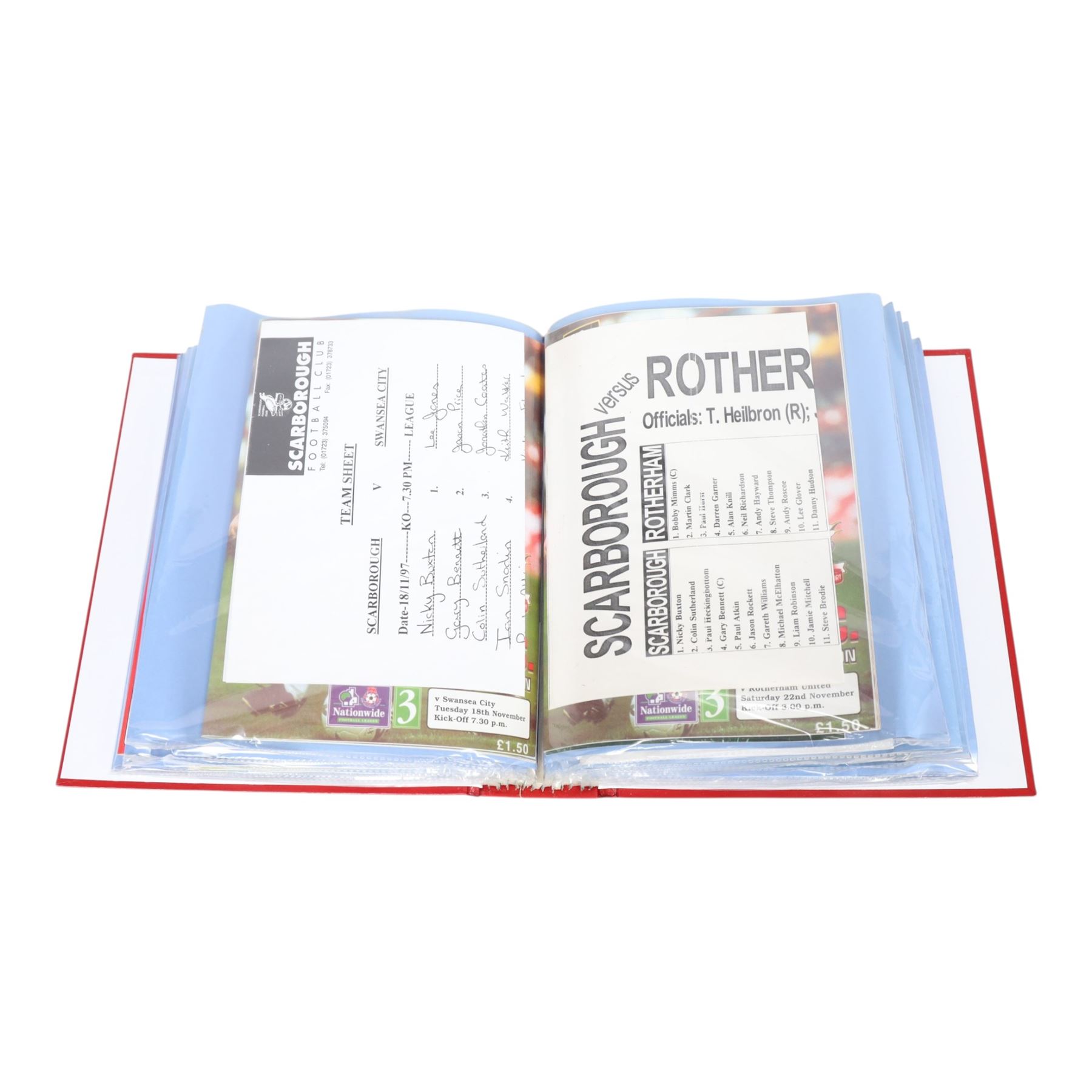 Comprehensive collection of approximately one-hundred and seventy Scarborough FC football programmes for the 1996/97, 1997/98 and 1998/99 seasons, all filed within six dedicated Scarborough FC red Home and Away binders