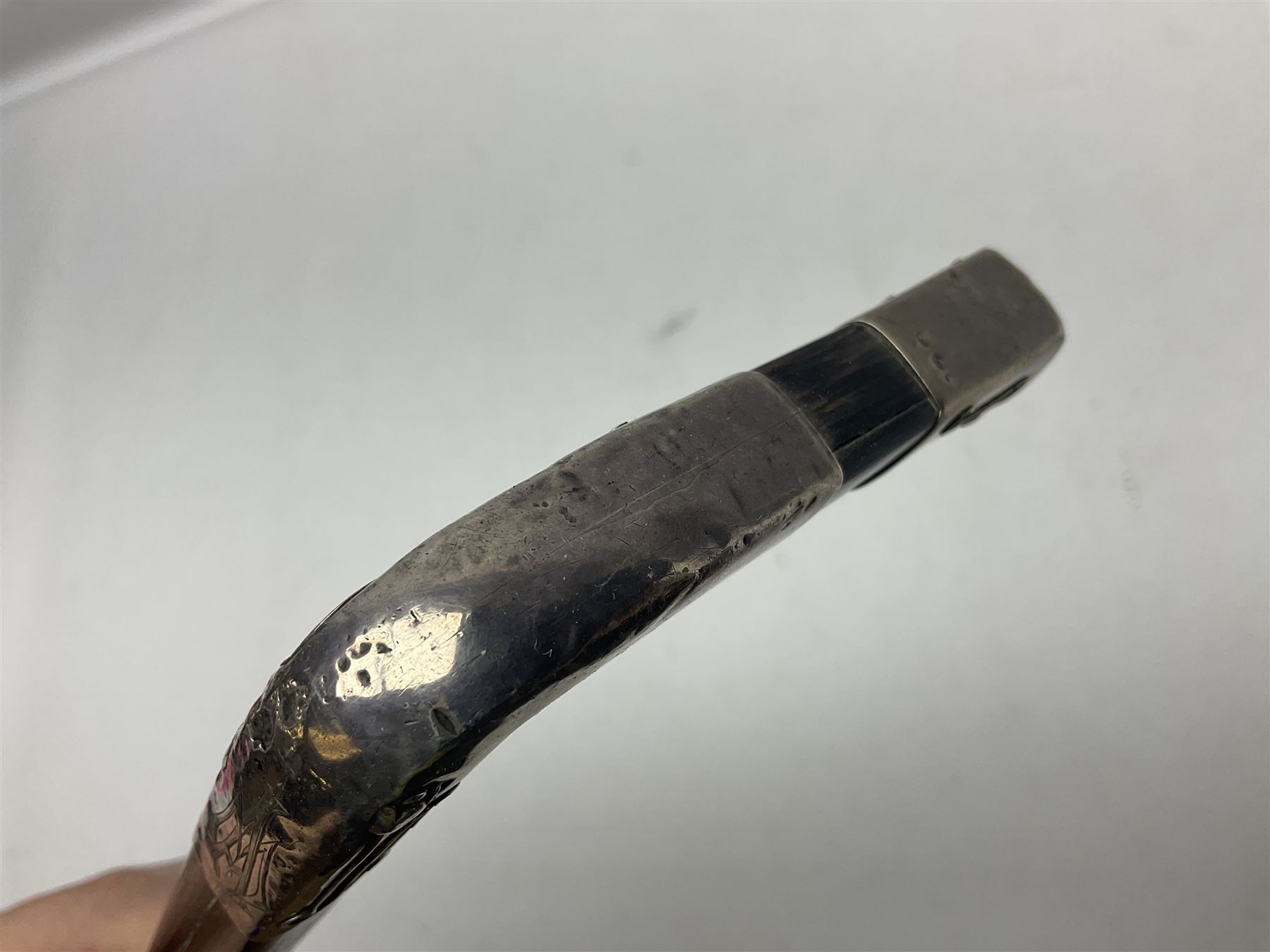 Austrian Art Nouveau zebra wood walking stick, silver covered angular handle relief decorated with stylised flowers, hallmarked Vienna c1900, makers mark LM, H84cm