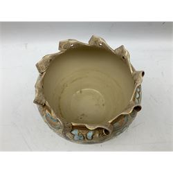 Three jardinières comprising West German Gerz example decorated in relief, Doulton Slaters example with frilled everted rim and a majolica example, and a further two Arthur Wood majolica jugs (5)