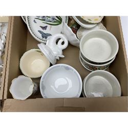 Quantity of ceramics and metalware etc, to include Royal Crown Derby bird paperweight, Portmeirion, Johnson Bros Indian Tree pattern dinner wares, collectors plates etc in four boxes