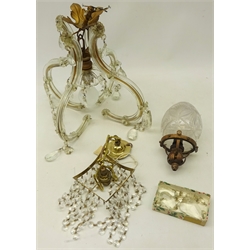  Italian glass light fitting with faceted drops and gilt metal mounts, H31cm, another of square form with glass drops and an Edwardian cut glass pendant light fitting (3)  