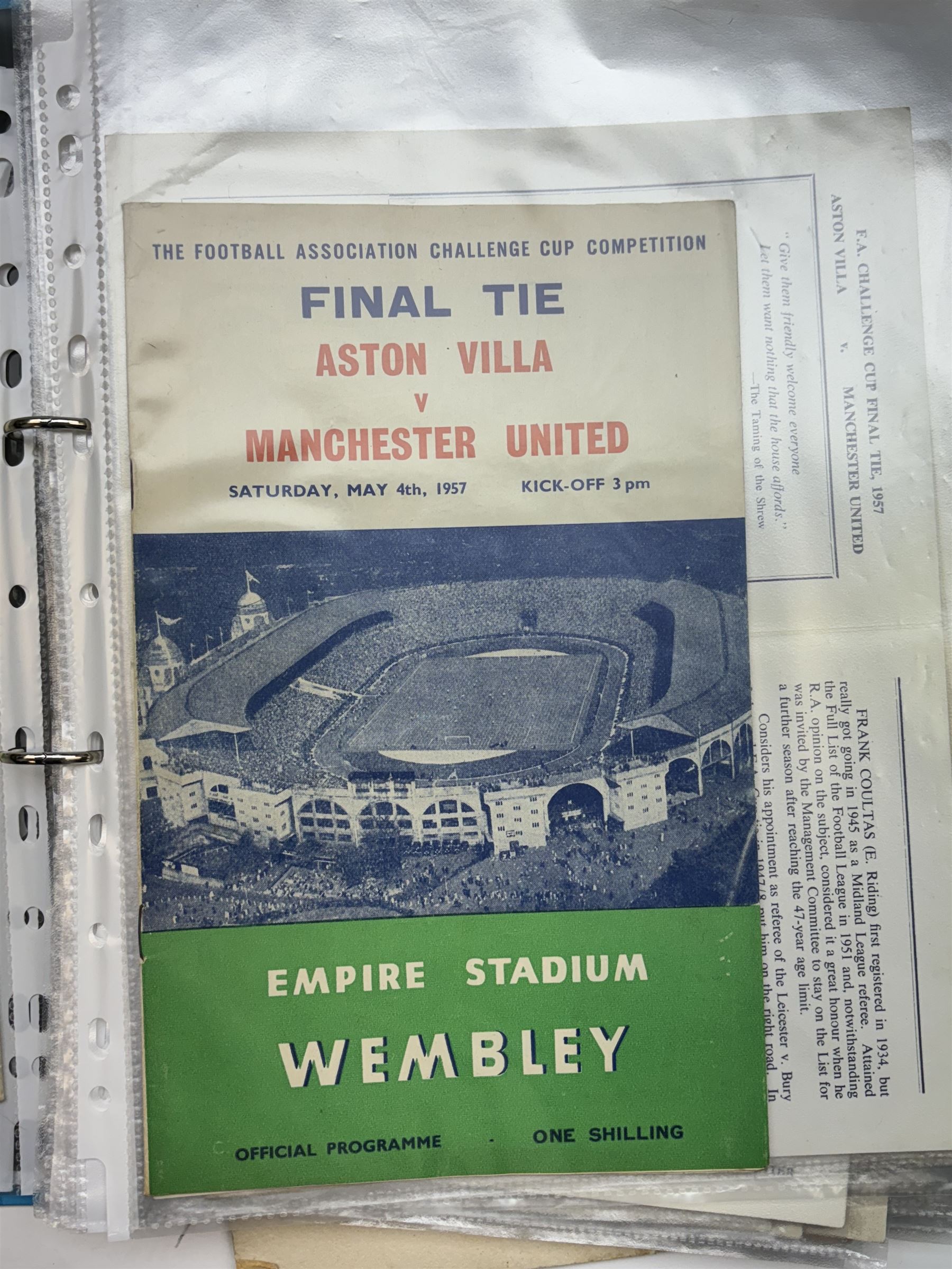 Collection of football memorabilia belonging and relating to the Hull based referee Frank Coultas, including 9ct gold Referee's medal for the 1957 Aston Villa v Manchester United FA Cup Final, inscribed 'The Football Association, F.B Coultas, F.A. Challenge Cup Competition, Final Tie 1957', hallmarked and in original case; the kit worn by him to referee the 1957 FA Cup Final and ephemera relating to the match including photographs, programmes and tickets; together with other football memorabilia collected by Frank Coultas, including programmes, photograph and ticket stubs, with some items relating to the 'Busby Babes'
