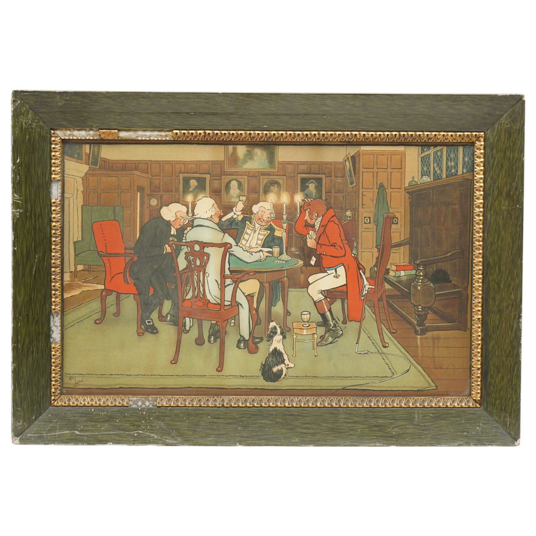 Cecil Aldin (British 1870-1935): 'Mated - a Game of Chess' 'Revoked - a Game of Cards' 'The Bull Inn' and 'Hunt at Breakfast', set of five chromolithographs, one signed max 42cm x 62cm (5)