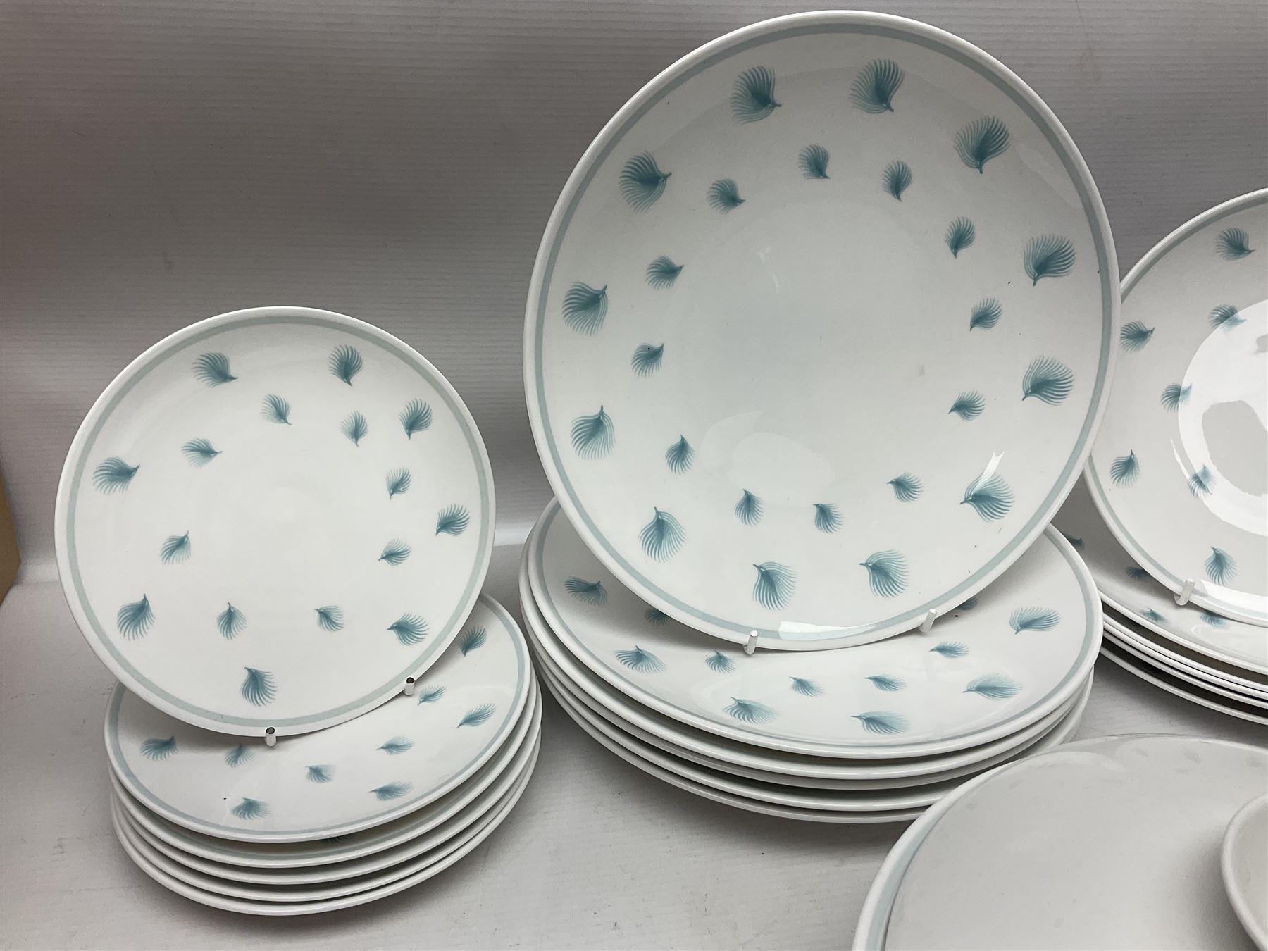 Susie Cooper Whispering Grass pattern dinner wares, to include tureen with cover, six twin handled soup bowls, dinner plates and side plates, etc 