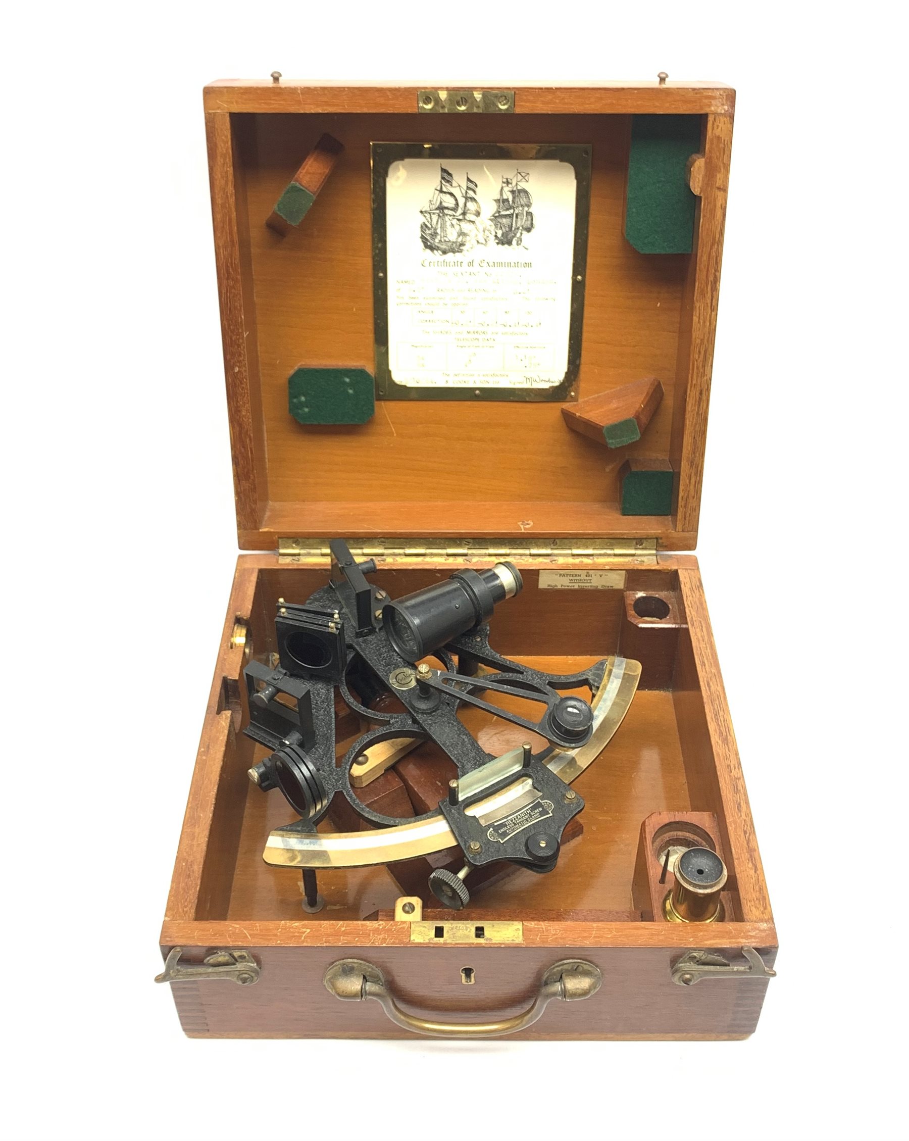 Heath & Co 'Hezzanith' sextant, pattern 491.V., with black crackled framework, brass arc with silvered scale, endless tangent screw and automatic clamp, bears label 'Cooke Hull', serial no.JJ375, in fitted mahogany box with additional lenses and Certificate of Examination dated October 1964. Inset plaque to box lid inscribed 'Cadet Capt. D.J. Walker H.S.N.T. 1983 - 84'. Provenance: Captain Walker was later in command of the North Sea Ferries ship Norland and the vendor is his widow.