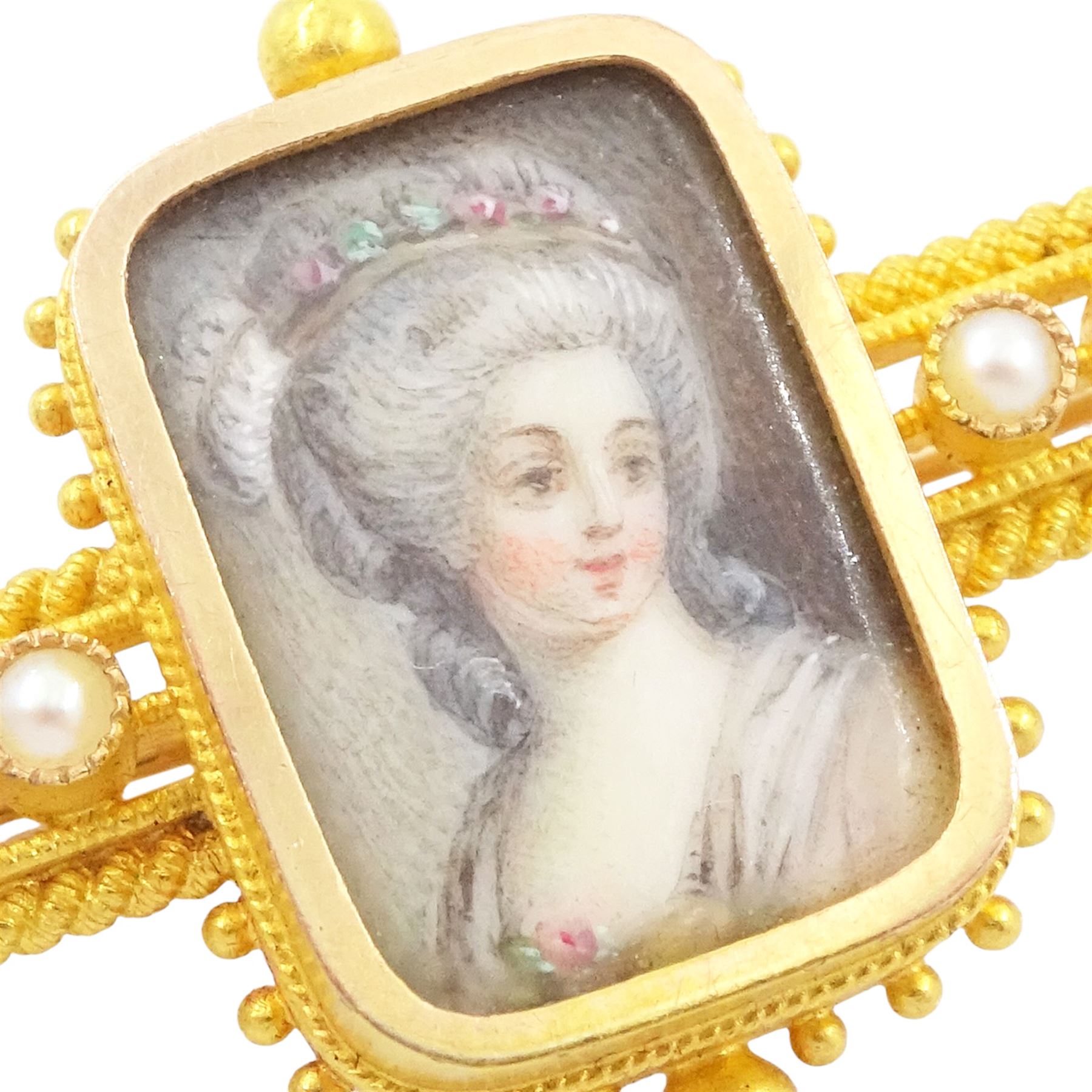 Victorian gold Etruscan revival portrait brooch, the bead and wirework brooch set with a central portrait of a woman in 18th century dress and eight seed pearls on ivory, in a velvet and silk lined box by A.K. Watters of Edinburgh. This lot has been registered for sale under Section 10 of the APHA Ivory Act