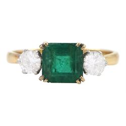 Gold three stone emerald and round brilliant cut diamond ring, stamped 18ct Plat, emerald approx 1.20 carat, total diamond weight approx 0.50 carat