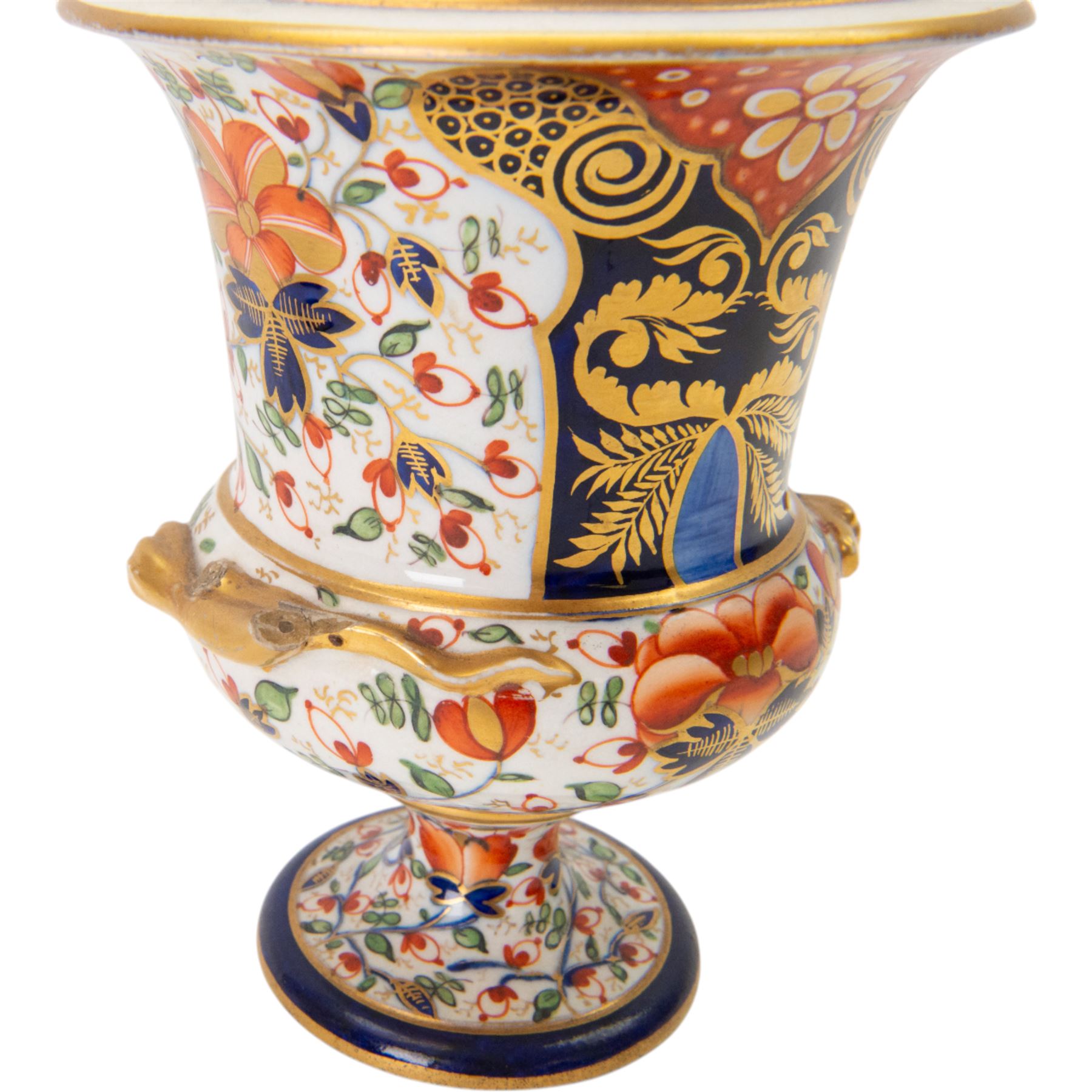 Derby twin handled campagna urn, decorated with flowers and cobalt panels highlighted in gilt, together with a smaller example with similar decoration, tallest H20cm
