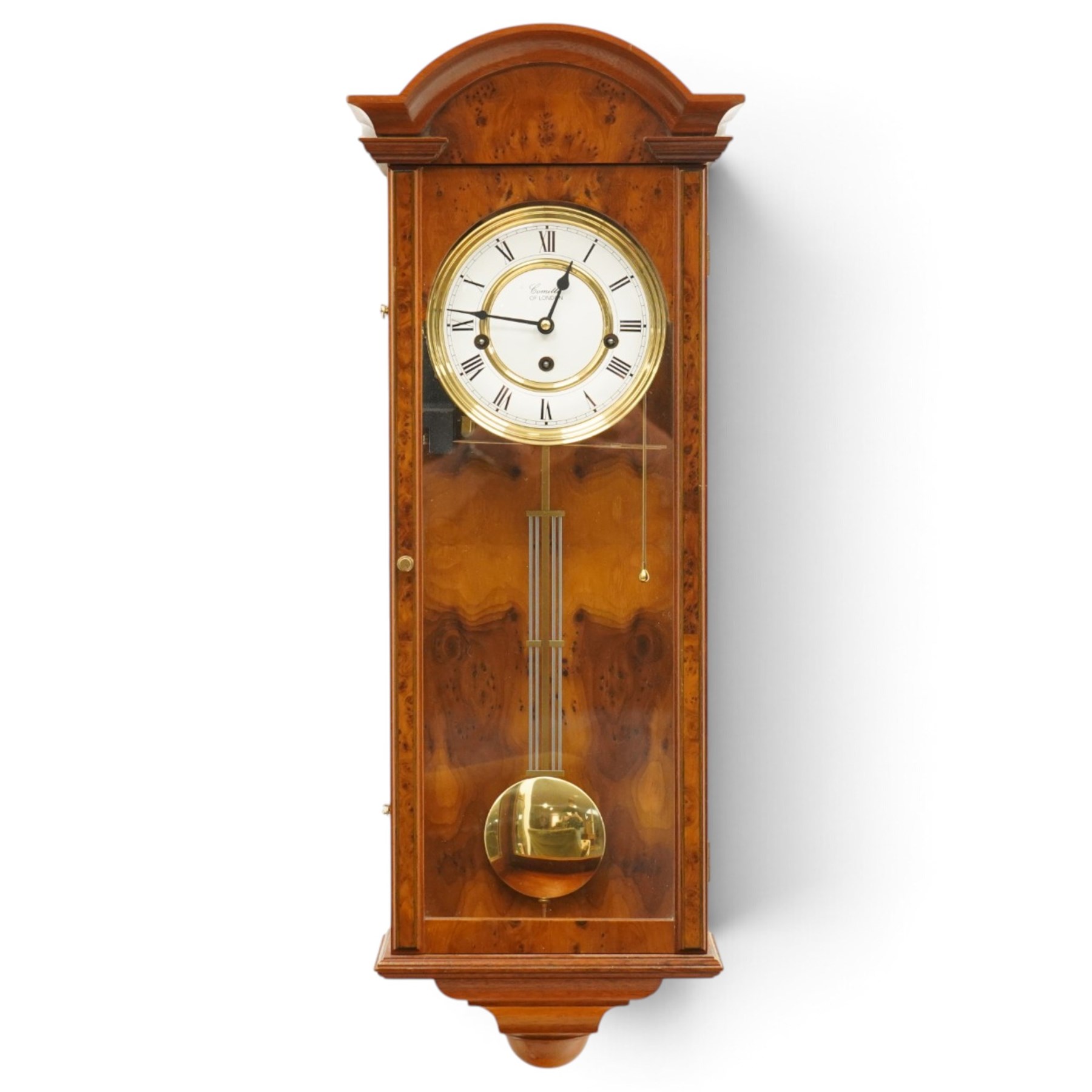 Comitti of London - burr walnut three-train wall clock, the circular dial with Roman numerals, glazed case revealing the movement and brass pendulum