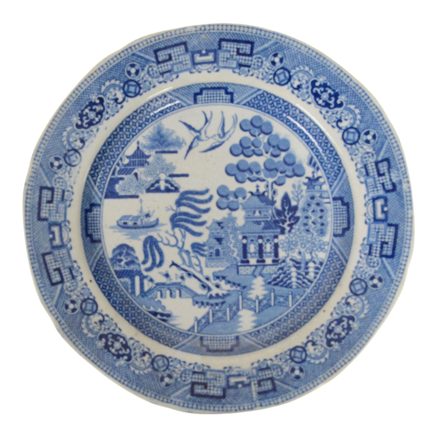 Collection of ten blue and white transfer plates, including two in Italian pattern with floral boarder, together with Willow pattern 