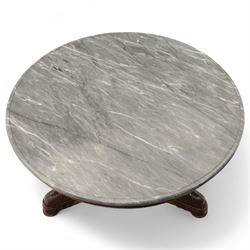 French mid-19th-century Second-Empire mahogany centre table with a dished grey-veined marble top, on a tapered triform pedestal with anthemion brass mounts above carved recumbent swan figures with delicately refined wings and graceful necks curving backwards, associated with the Empress Josephine, raised on three small platform bases