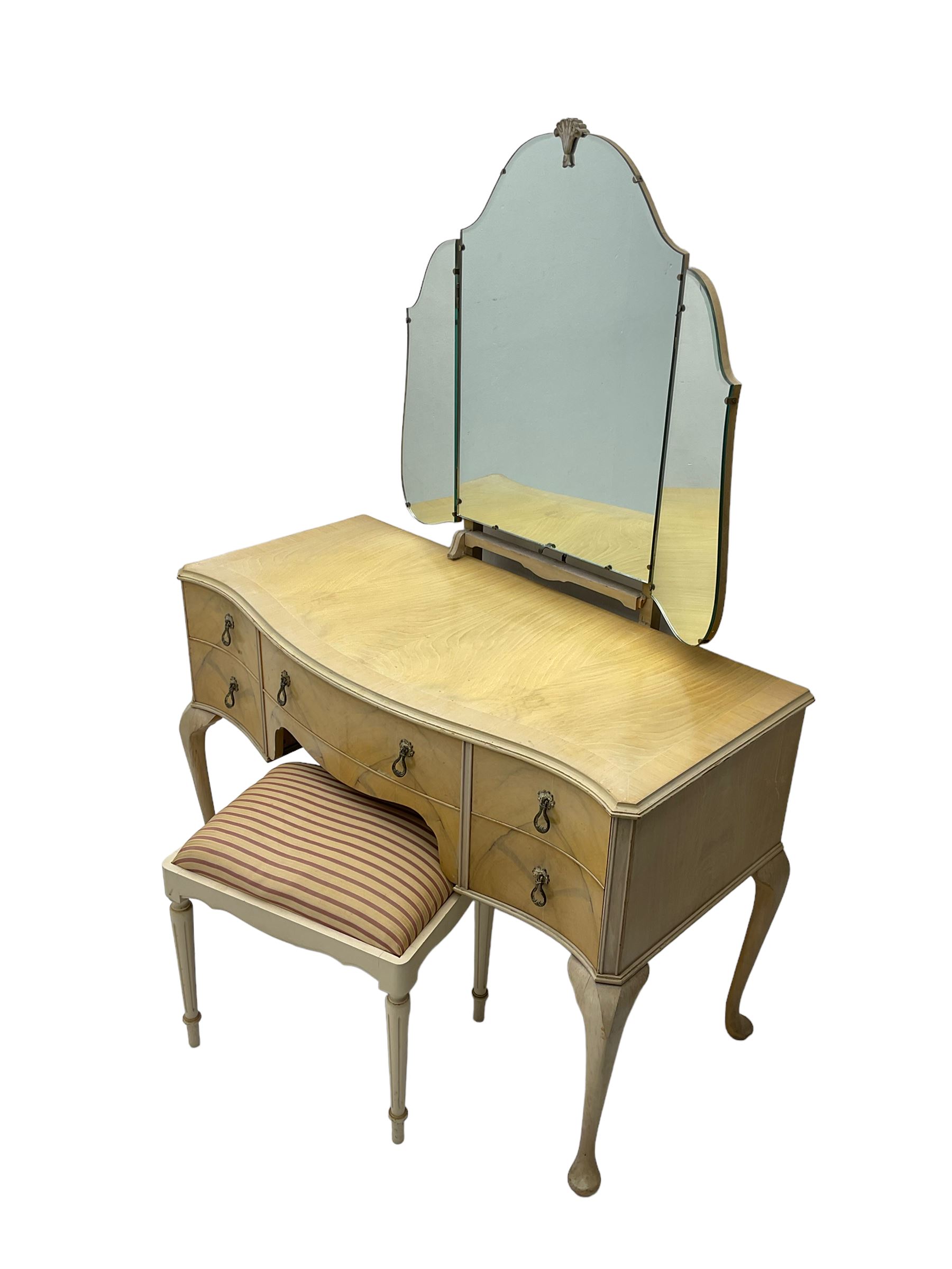 F Wrighton & Sons Ltd -  French style painted serpentine dressing table, with triple mirror back, on cabriole supports (106cm x 55cm x 135cm), and F Wrighton & Sons Ltd - French style narrow double wardrobe (92cm x 54cm x 187cm)