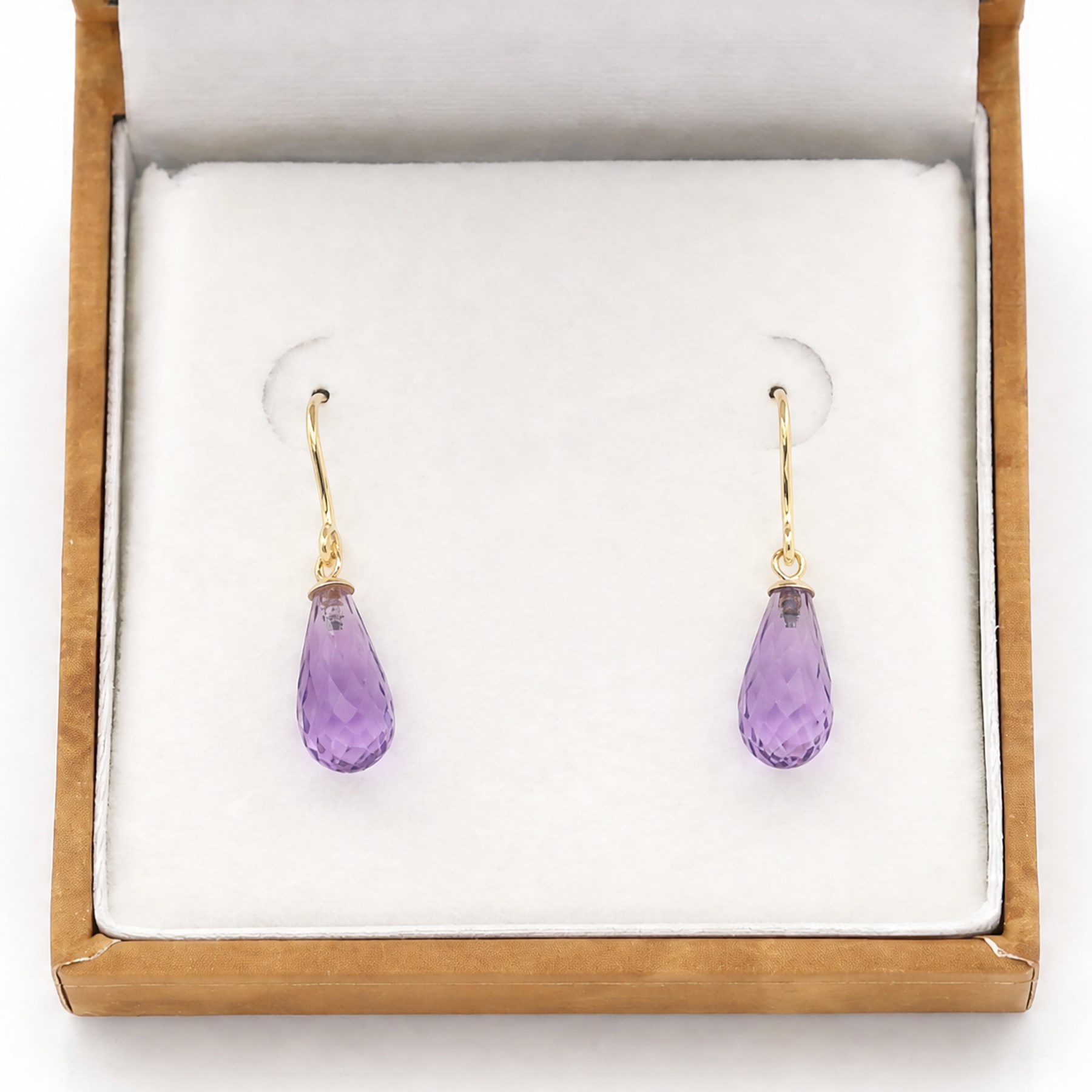 Pair of 9ct gold briolette cut amethyst pendant earrings, stamped 375