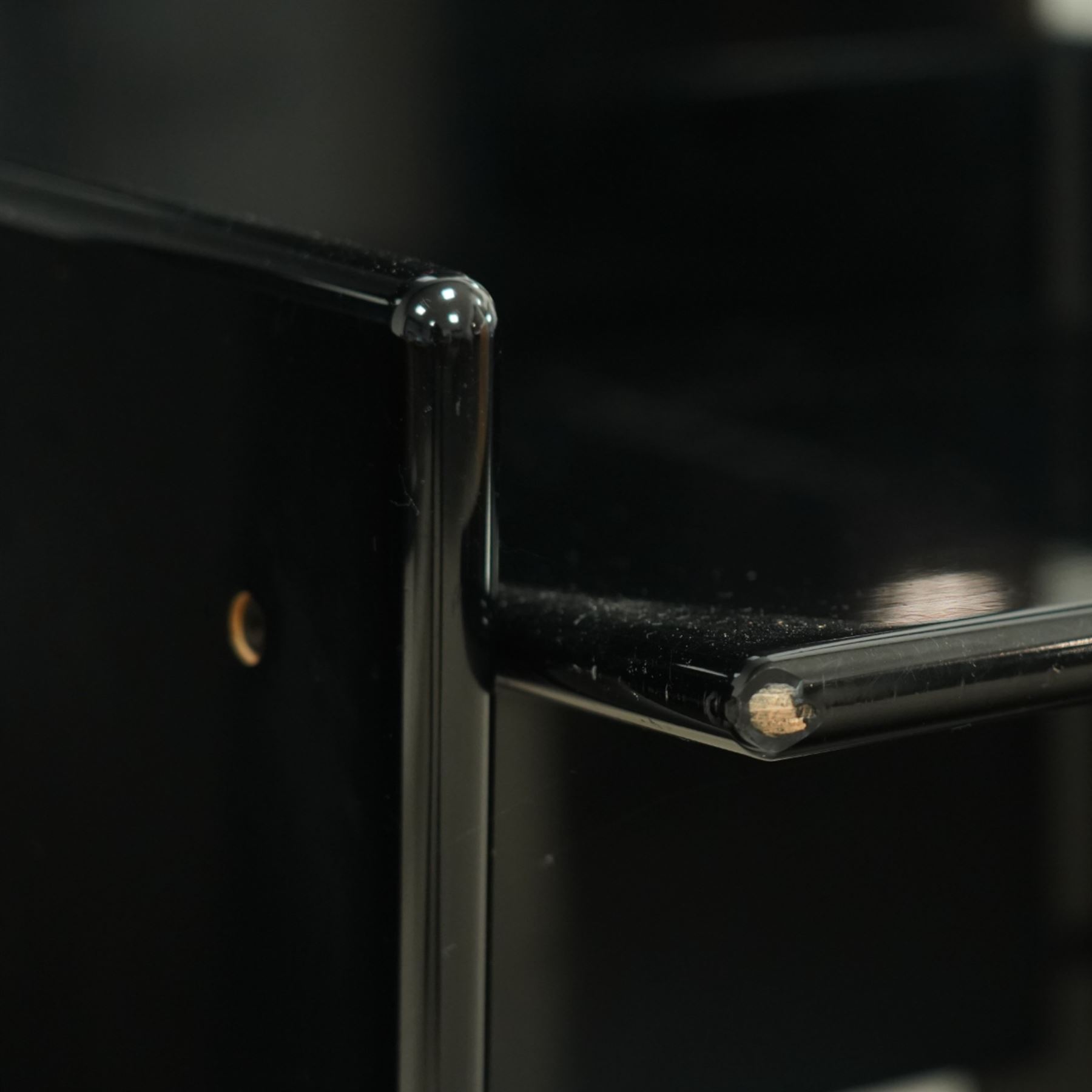 Kazuhide Takahama for Simon Gavina - set of six 1970's Italian designer black lacquered 'Kazuki' dining chairs, high slanted back over rectangular seats and broad panelled side supports, labelled to underside