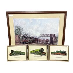 After Peter Owen Jones (British 20th century), 'Scots Guardsman'; limited edition colour print signed in pencil, together with three colour prints of early 20th century steam trains (4)