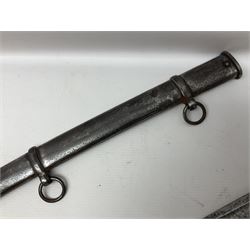 19th century French 1822 Pattern Light Cavalry trooper's sword with 88.5cm slightly curving fullered blade, brass three-bar hilt and wire-bound leather grip; in polished steel scabbard with two suspension rings L110.5cm overall