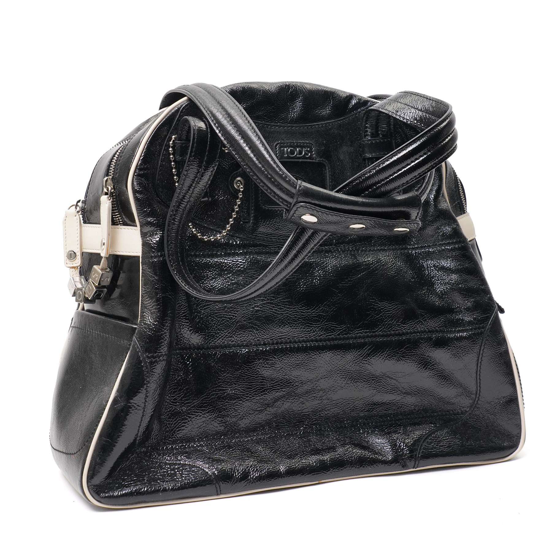Tod’s - Tote Madis handbag in black patent leather, with twin rolled top handles, contrasting pale piping, silver-tone hardware, embossed Tod’s branding and hanging leather tag with ball-chain detail, with original Tod’s product tag and dust bag