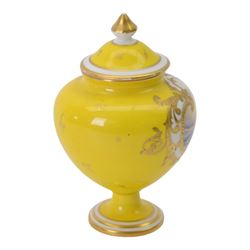 Royal Crown Derby miniature vase and cover, painted with shipping scene on yellow ground, with printed mark beneath, H12cm