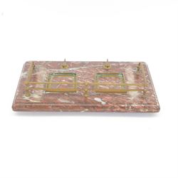 Victorian brass metal mounted red marble inkstand, the stepped rectangular base raised upon bun feet, complete with two glass ink bottles with hinged lids, H12cm