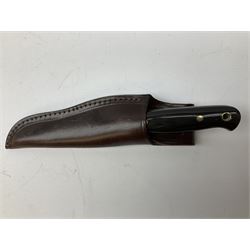 Three hunting knives, each blade marked A. Wright & Sons Sheffield, one with leather handle, one with horn handle and one with antler handle; each with leather sheath (3)