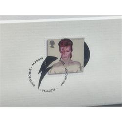 Set of three Royal Mail David Bowie limited edition album stamp prints, comprising Aladdin Sane, Blackstar and Earthling, all framed and in original packaging, H43cm W43cm