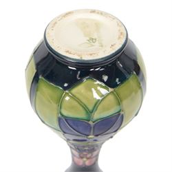 Two Moorcroft vases, in violets pattern, with original boxes, bud vase H17cm