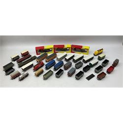 '00' gauge - thirty-seven wagons by Hornby, Tri-ang, Bachmann etc including four Hornby Dublo, three boxed petrol tankers, other tank wagons, open and covered wagons, coal wagons etc; predominantly unboxed (37)