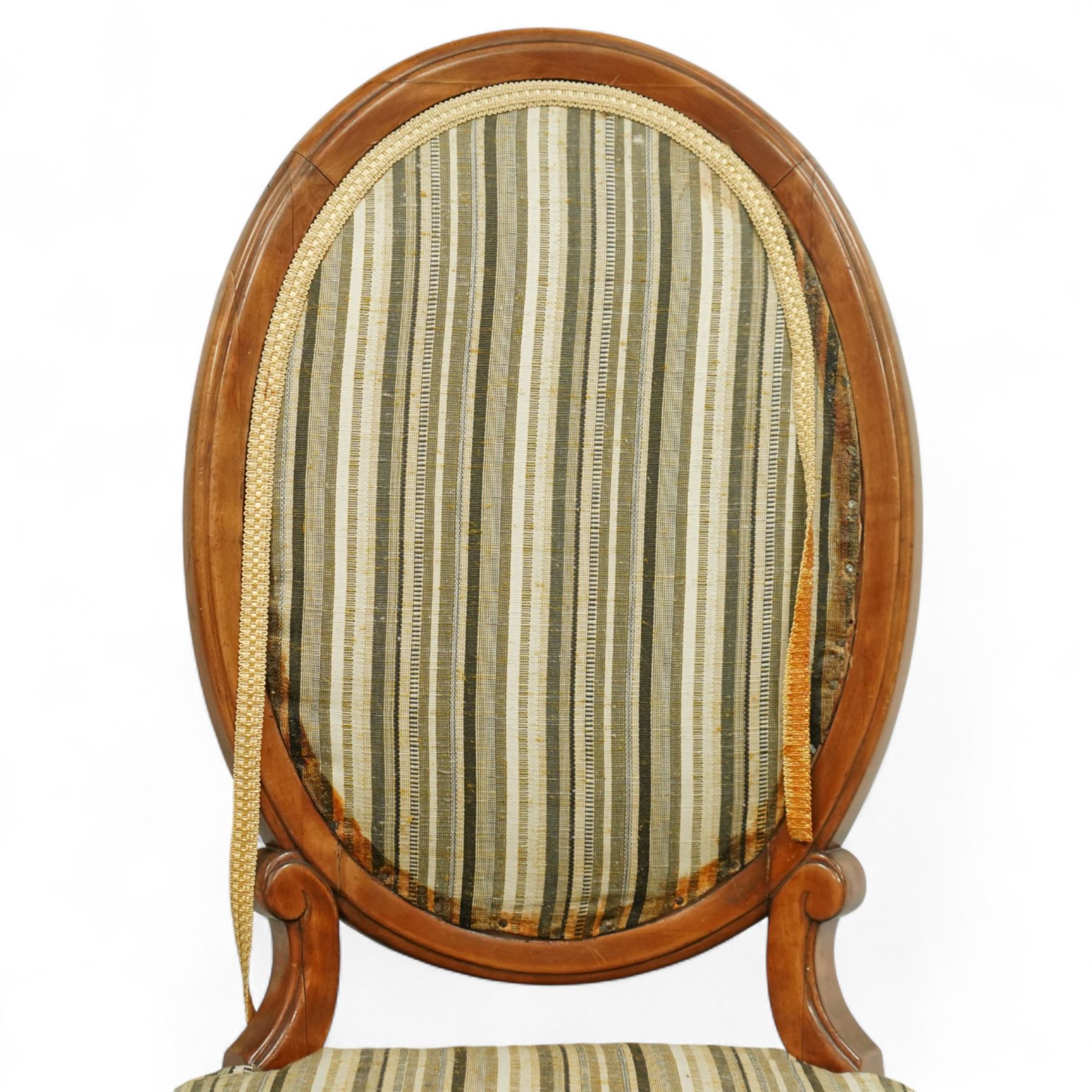 Mid-20th-century Biedermeier-style ebonized and satinwood pedestal table, quarter-veneered circular top with ebonized edge above a tapered baluster quarter-lobed column, raised on a circular plinth base, D87xH70cm, together with two matching upholstered spoon back chairs W45xD47xH87cm